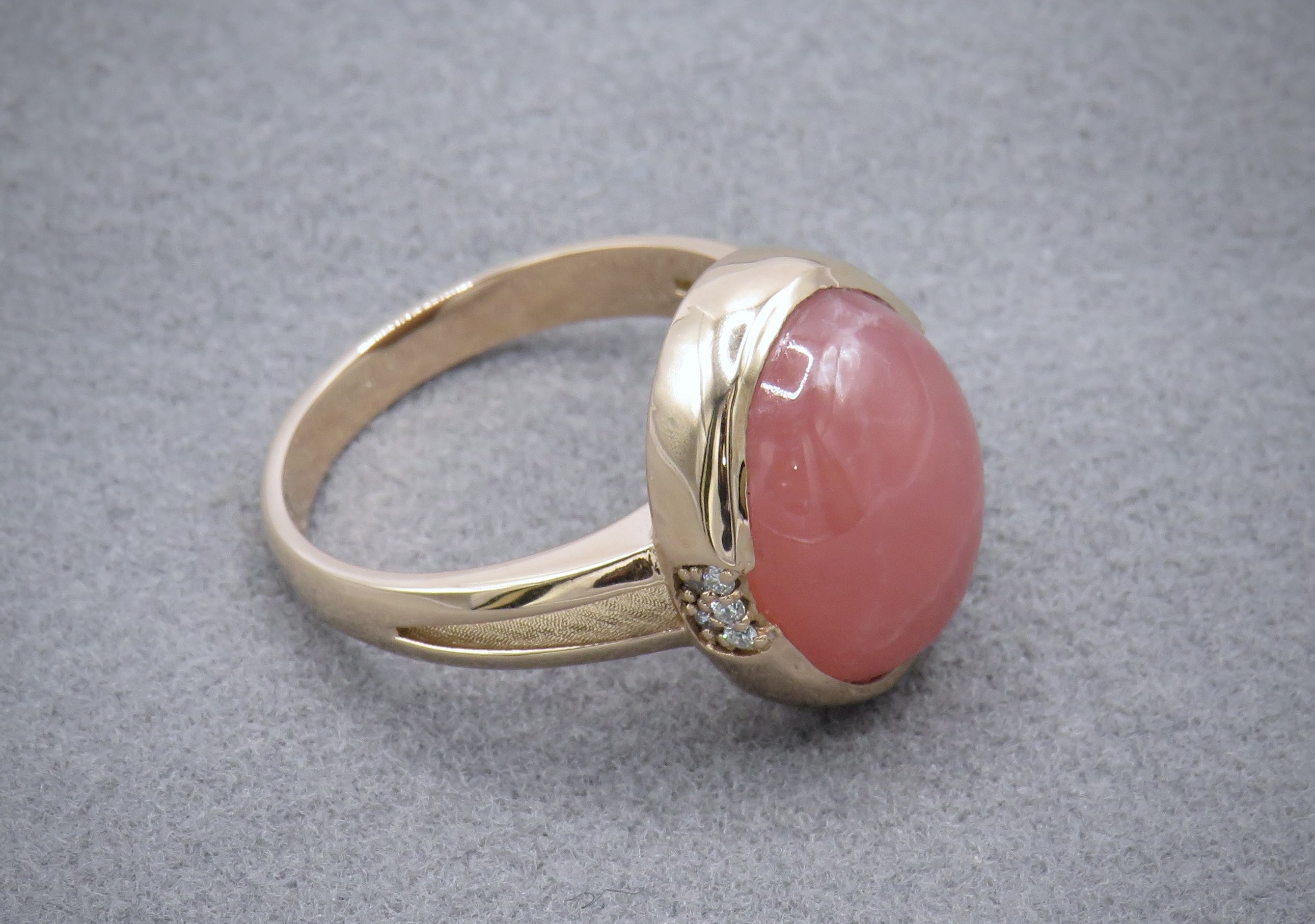 Rhodochrosite and diamond ring in rose gold